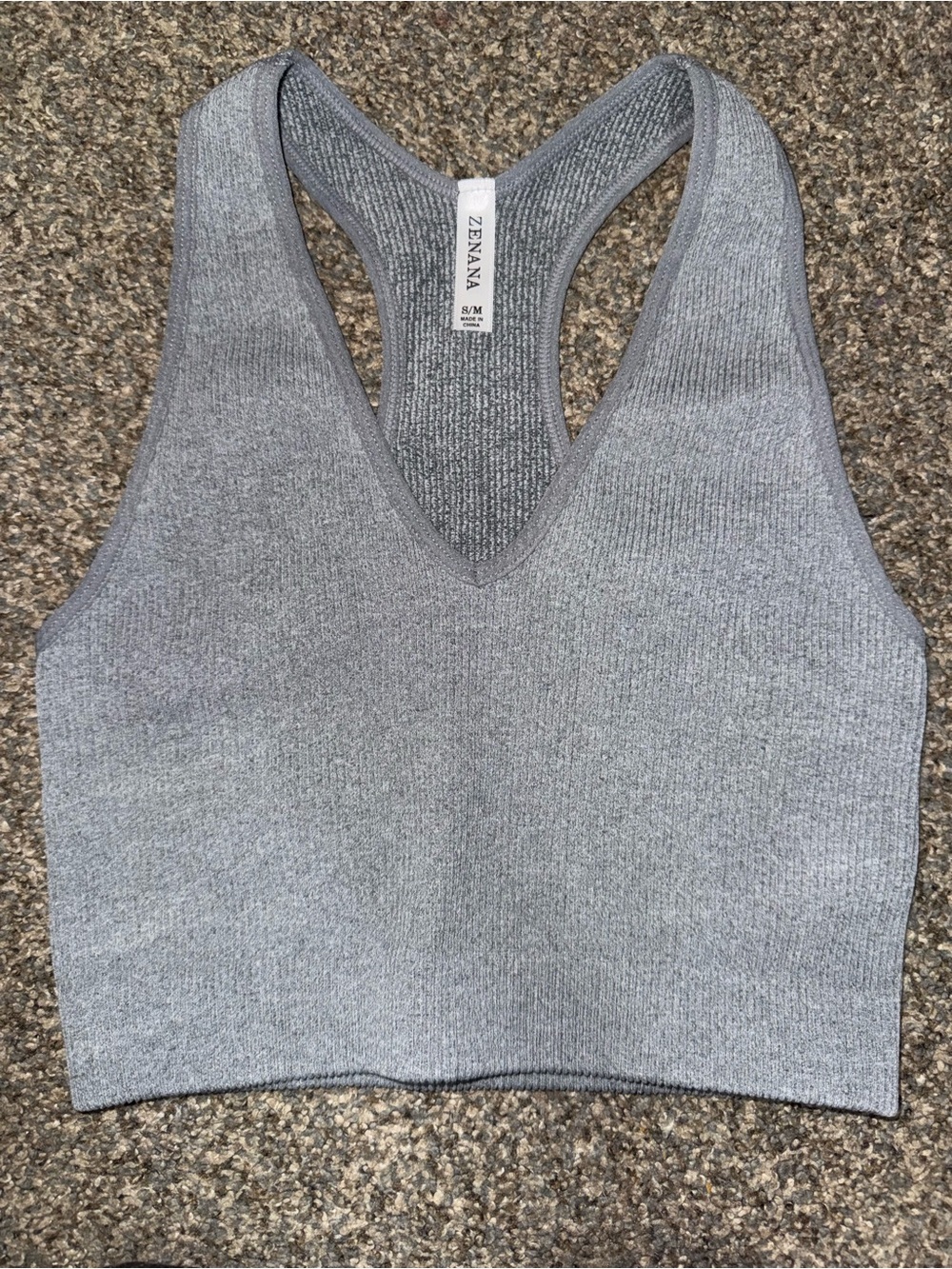Zenana Outfitters Gray Ribbed V-Neck Racerback Crop Top
